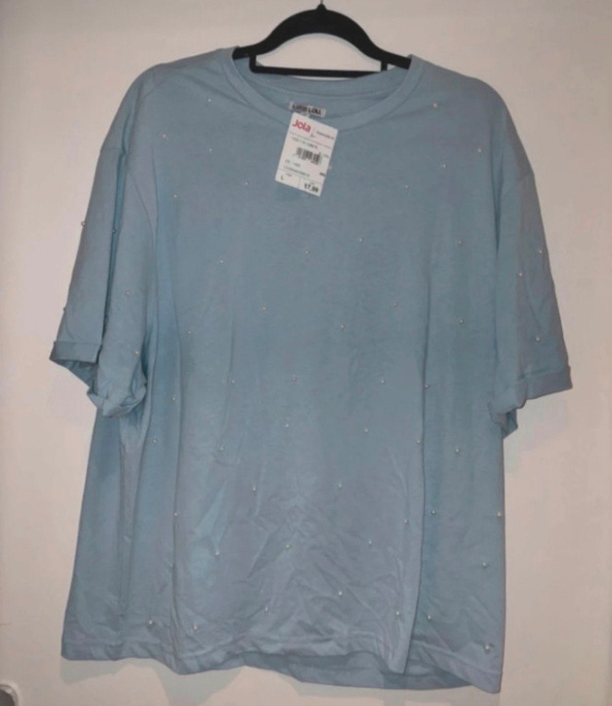 Lizzy Lou tshirt lichtblauw met parels nieuw maat L, Ophalen of Verzenden, Zo goed als nieuw, Blauw, Korte mouw