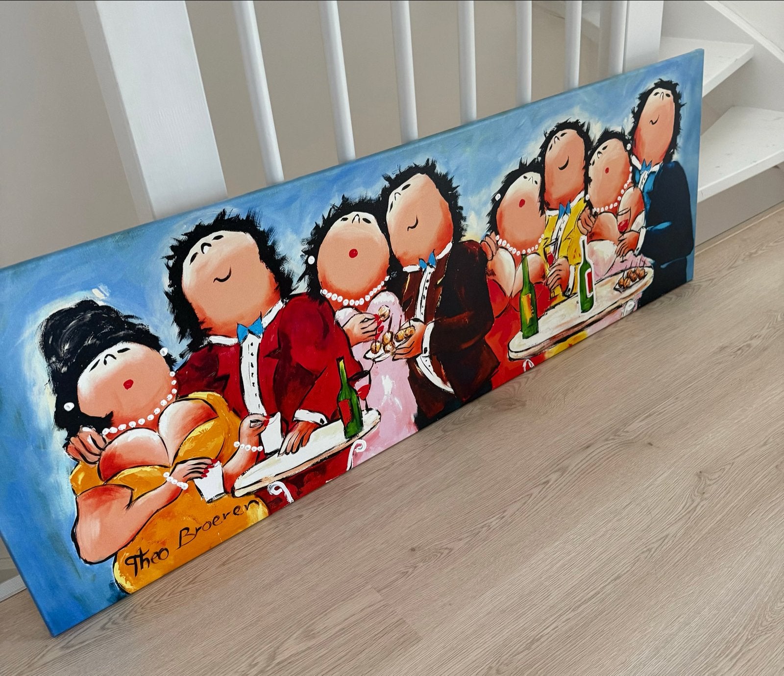 Schilderij Theo Broeren - Dikke Dames Borrel 150x50 cm, Antiek en Kunst, Ophalen, Acrylverf, Overige stijlen, Doek