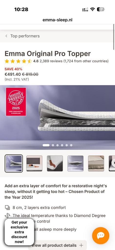 Emma Original Pro Topper 200 X 200 New, Ophalen, Overige maten, Matras, 200 cm