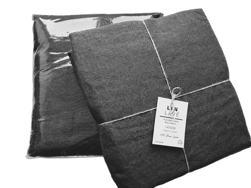 100% linnen dekbedovertrek 140x200 (set van 2) Grey/Black, Eenpersoons, Zwart, Dekbedovertrek, Nieuw