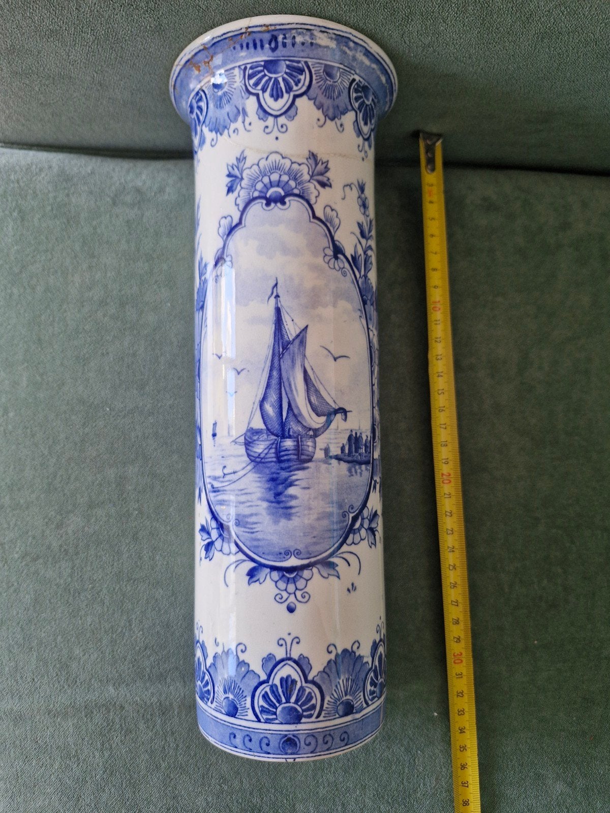 Antieke Delfts Blauwe Vaas met Scheepsdecoratie, Ophalen of Verzenden