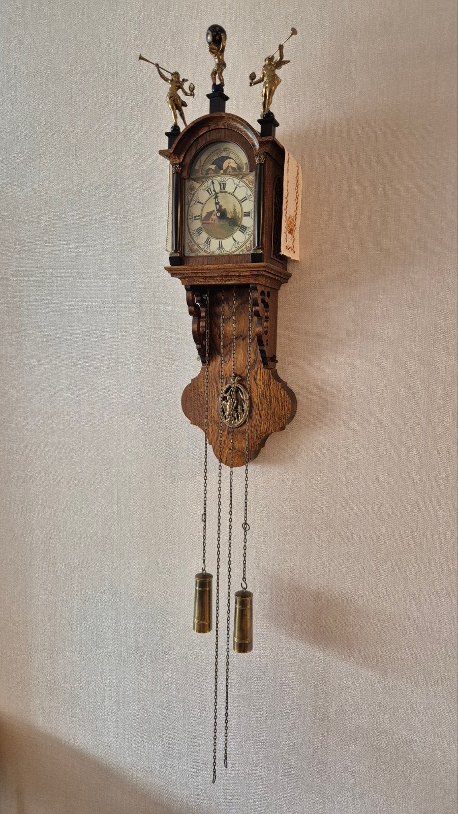 Vintage Friese Staartklok - Eikenhout met Messing Ornamenten, Antiek en Kunst, Ophalen