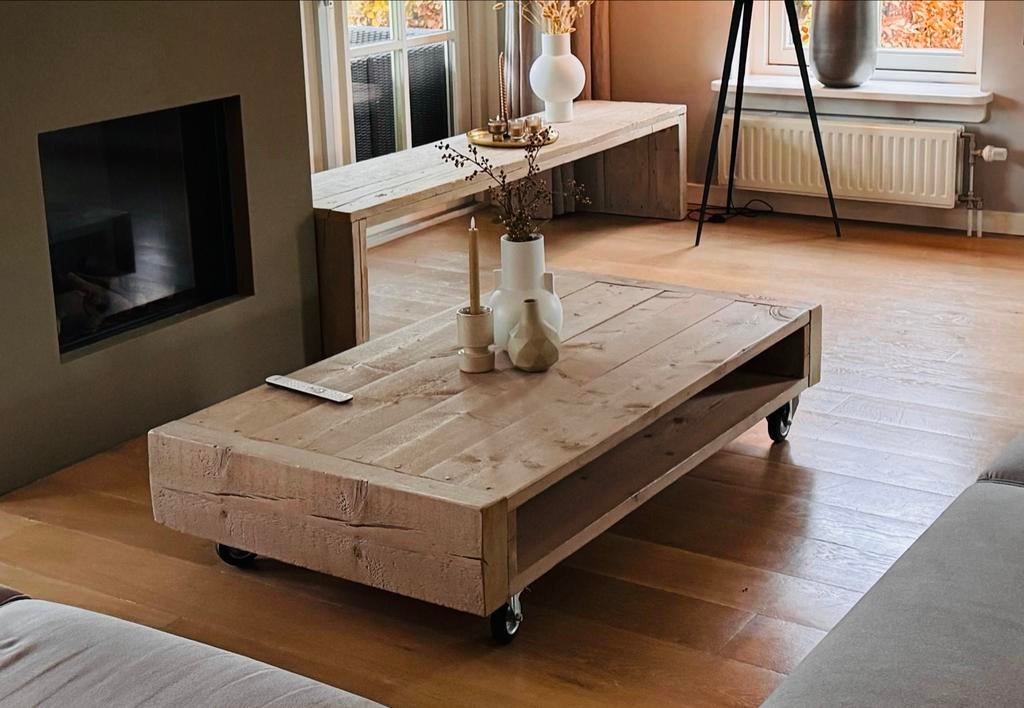 Steigerhouten salontafel op wielen 150x80x33 cm, Huis en Inrichting, Tafels | Salontafels, Ophalen, Gebruikt, 100 tot 150 cm, 50 tot 100 cm