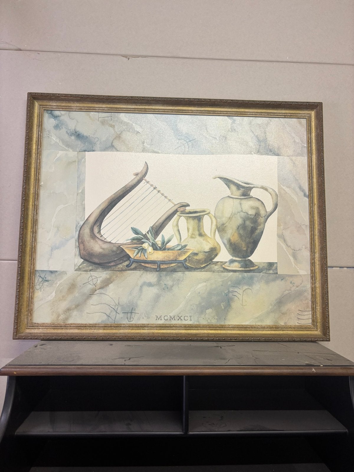 Klassiek schilderij met muziekinstrument en vazen, Ophalen, Gedateerd, Stilleven, Papier