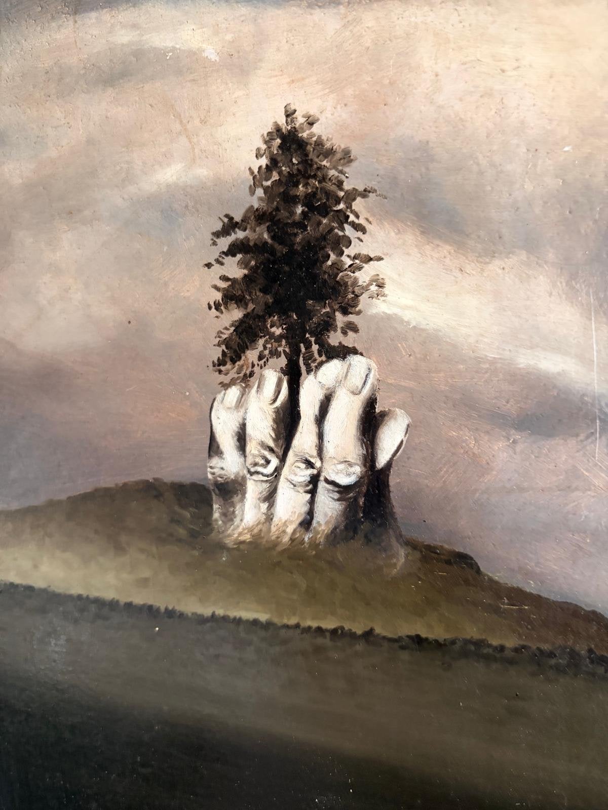 Uniek olieverfschilderij op hout: Boom op heuvel met handen, Ophalen of Verzenden