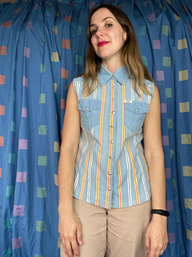 Vintage top / mouwloos overhemd / gilet - blauw, Hgv, Hgv, Ophalen of Verzenden, Vintage
