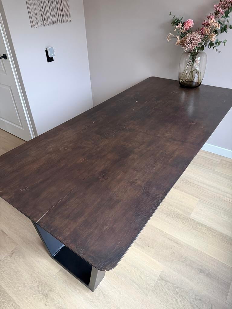 Massief eiken eettafel 210x100cm met stalen V-poten, Ophalen, 100 tot 150 cm, Eikenhout, 200 cm of meer
