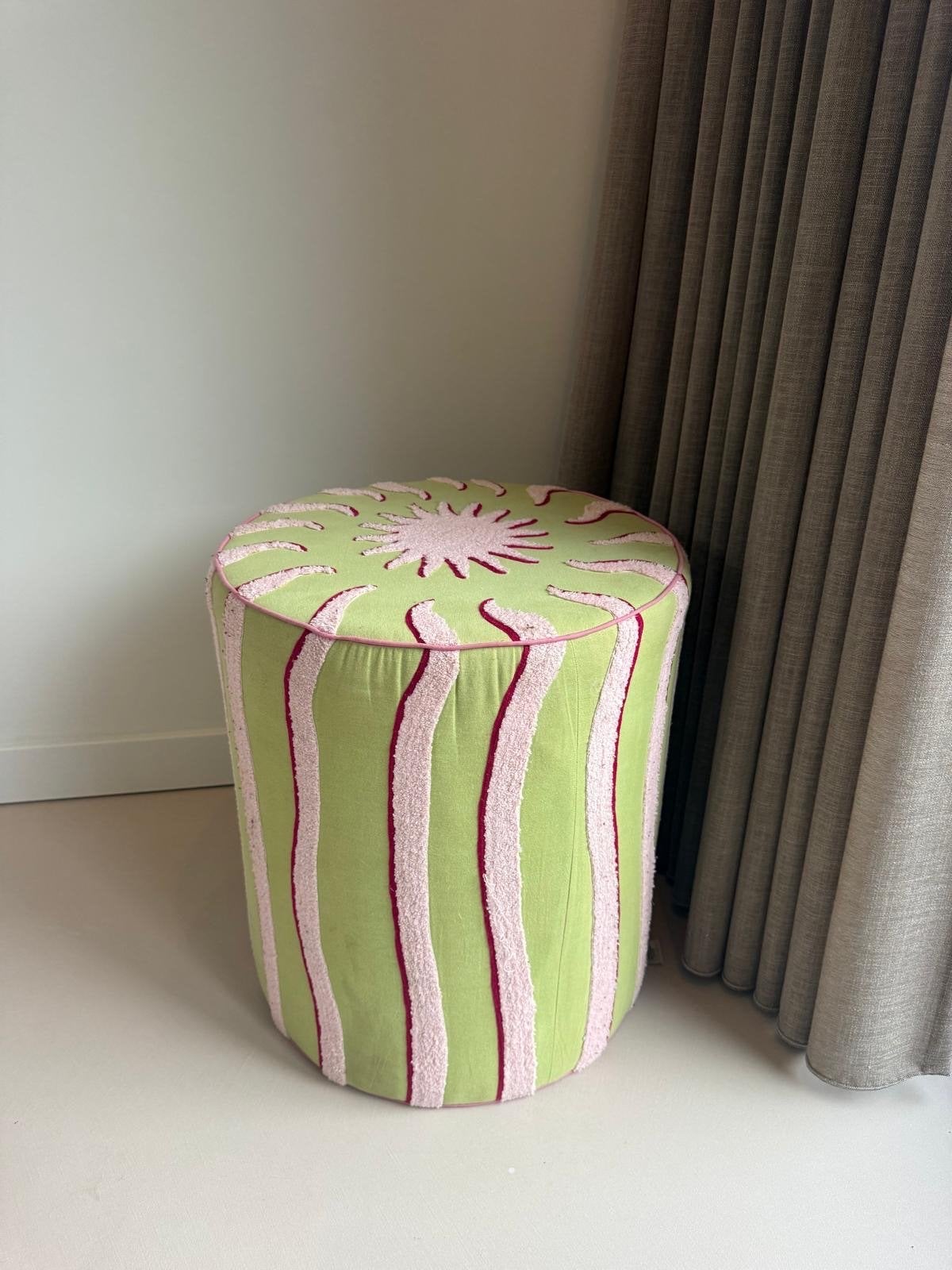 Anna + Nina Poef Groen/Roze, Huis en Inrichting, Ophalen, Minder dan 50 cm, Rond, Zo goed als nieuw