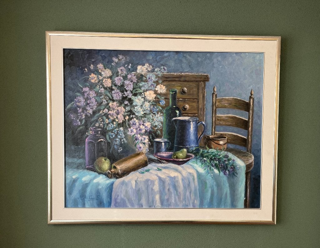Groot schilderij stilleven kamerinterieur., Antiek en Kunst, Kunst | Schilderijen | Klassiek, Ophalen