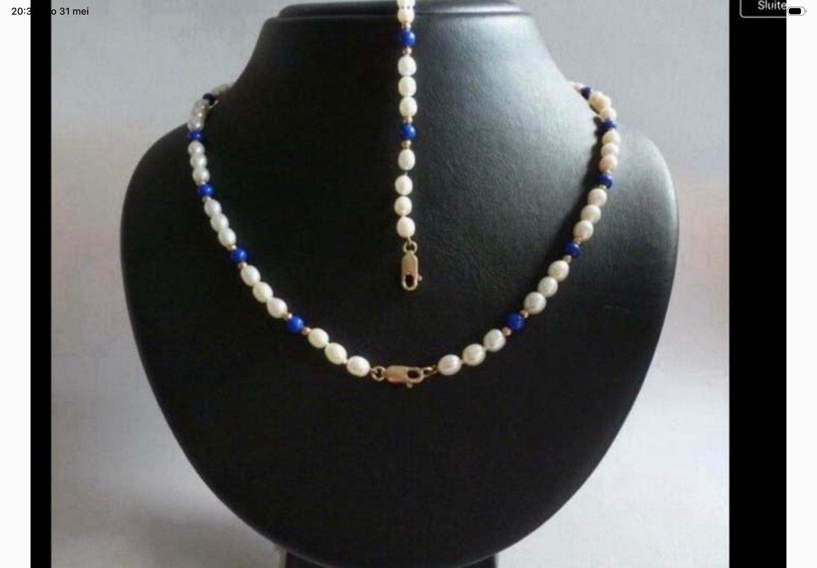 Vintage gouden set ketting /armband Lapis Lazuli parels 14 k, Verzenden, Verstelbaar, Zo goed als nieuw, Goud