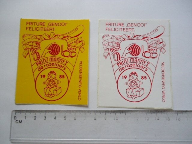 sticker 1985 VENLO Carnaval Razelaers patat frites frituur 2, Ophalen of Verzenden, Zo goed als nieuw