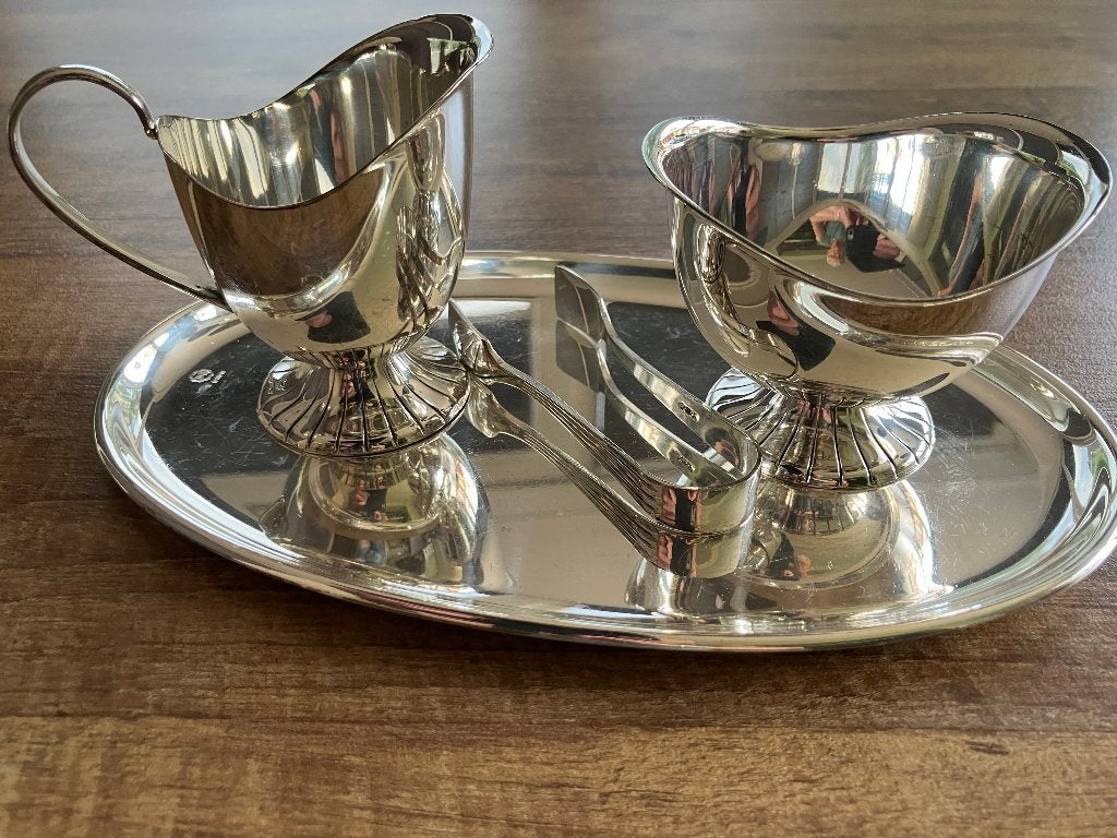 verzilverd room set met suikertang, Ophalen, Overige materialen, Overige typen, Zo goed als nieuw