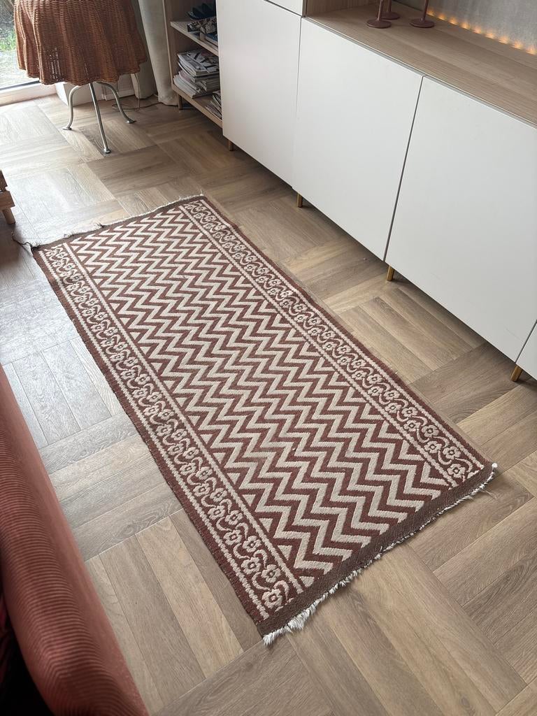 Vintage Vloerkleed met zigzagpatroon - 79x170 cm, Ophalen, Gebruikt, Bruin, 50 tot 100 cm
