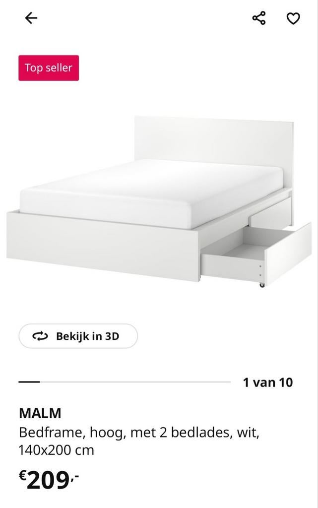 IKEA MALM bed met 2 lades en lattenbodem, Ophalen, Wit, Tweepersoons, 140 cm