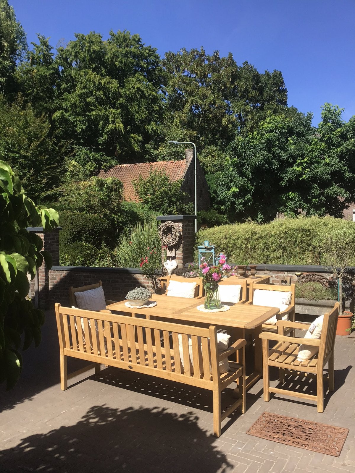 Tuinset teakhout tuintafel Allure /tuinbank+5 tuinstoelen, Ophalen, Zo goed als nieuw, Teakhout, Bank