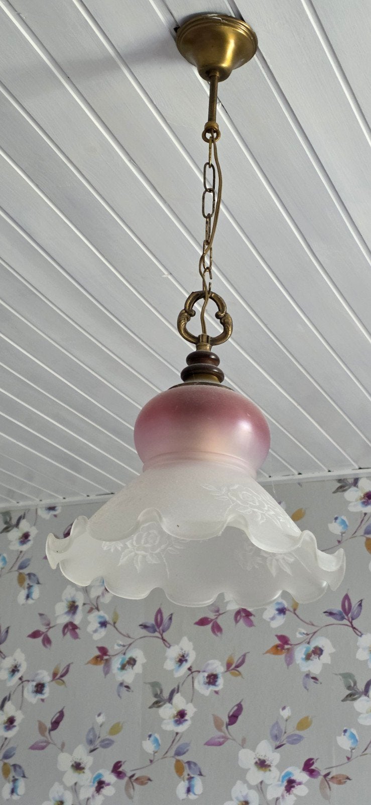 Vintage hanglamp met roze en matglazen kap, Ophalen of Verzenden