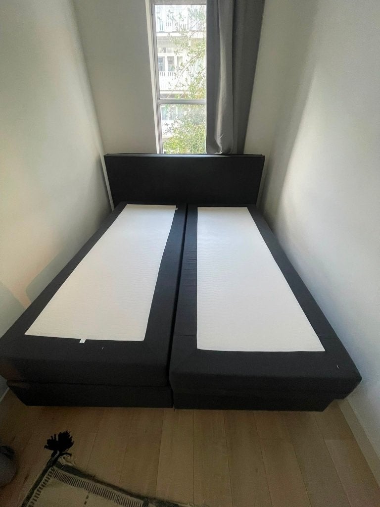Luxe Boxspring 180x220 (lang!) – Pocketvering & Koudschuim, Tweepersoons, Zo goed als nieuw, 180 cm, Grijs