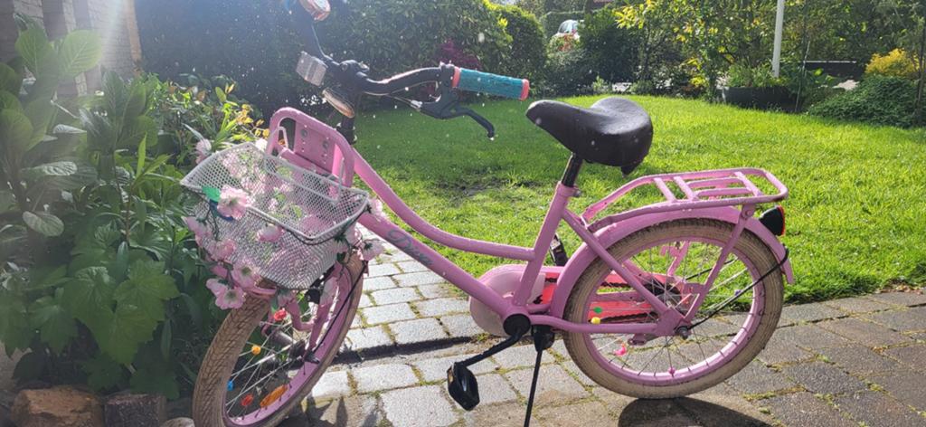 Spirit Diva Roze kinderfiets met mandje en bloemen, 18 inch, Fietsen en Brommers, Ophalen, Terugtraprem, Gebruikt, Spirit