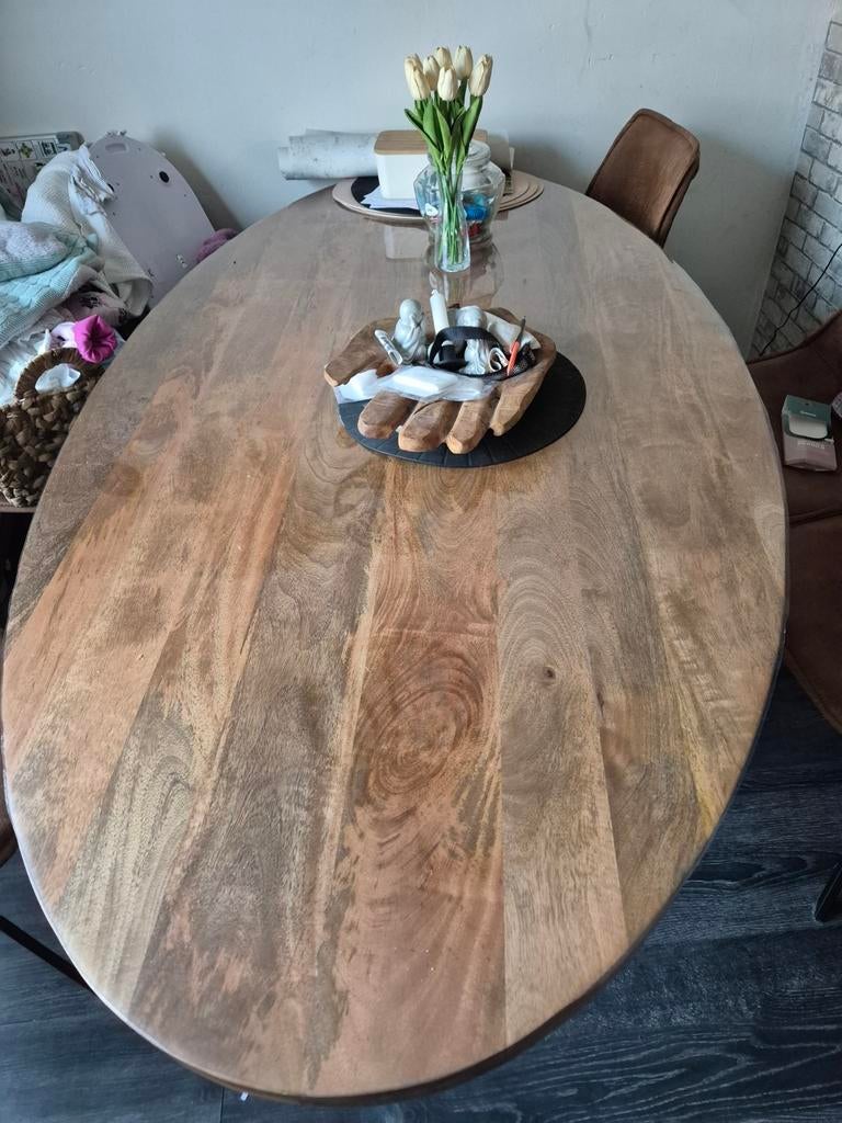 Industriele mangohouten eettafel ovaal, Ophalen, 50 tot 100 cm, Zo goed als nieuw, 150 tot 200 cm