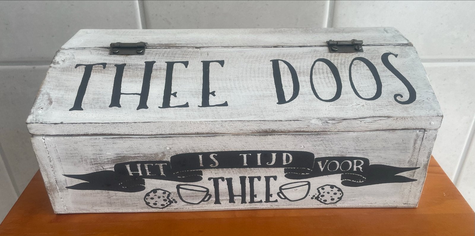 Decoratieve theedoos van hout met 3 vakken, Hout, Nieuw, Ophalen of Verzenden, Wit