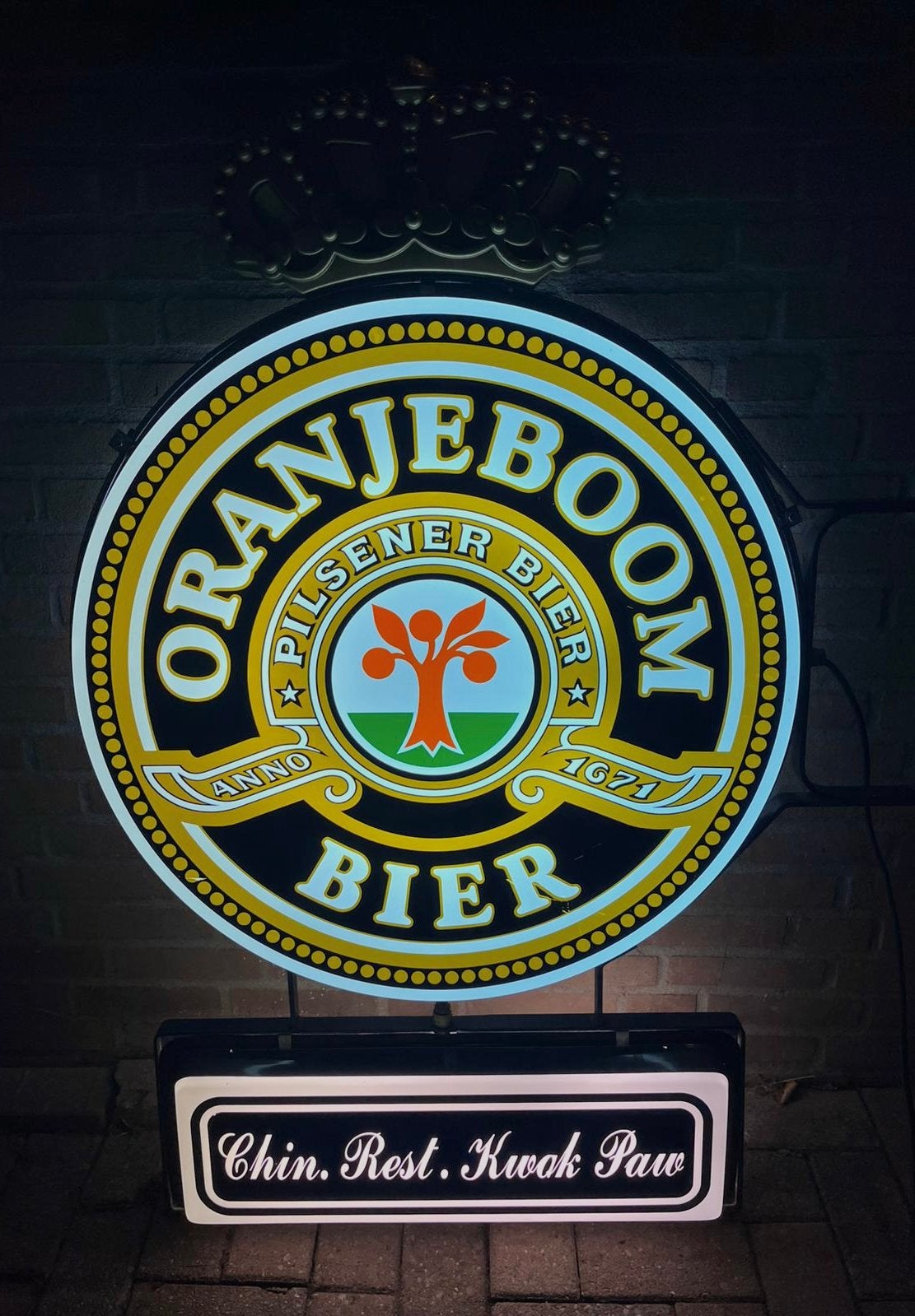 Vintage Oranjeboom lichtbak met goudkleurige kroon – ca.1983, Verzamelen, Biermerken, Ophalen, Reclamebord, Plaat of Schild, Oranjeboom