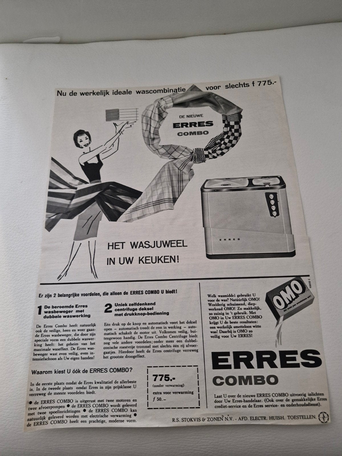 02 Vintage Erres Combo Wascombinatie Advertentie 32x24 cm, Ophalen of Verzenden