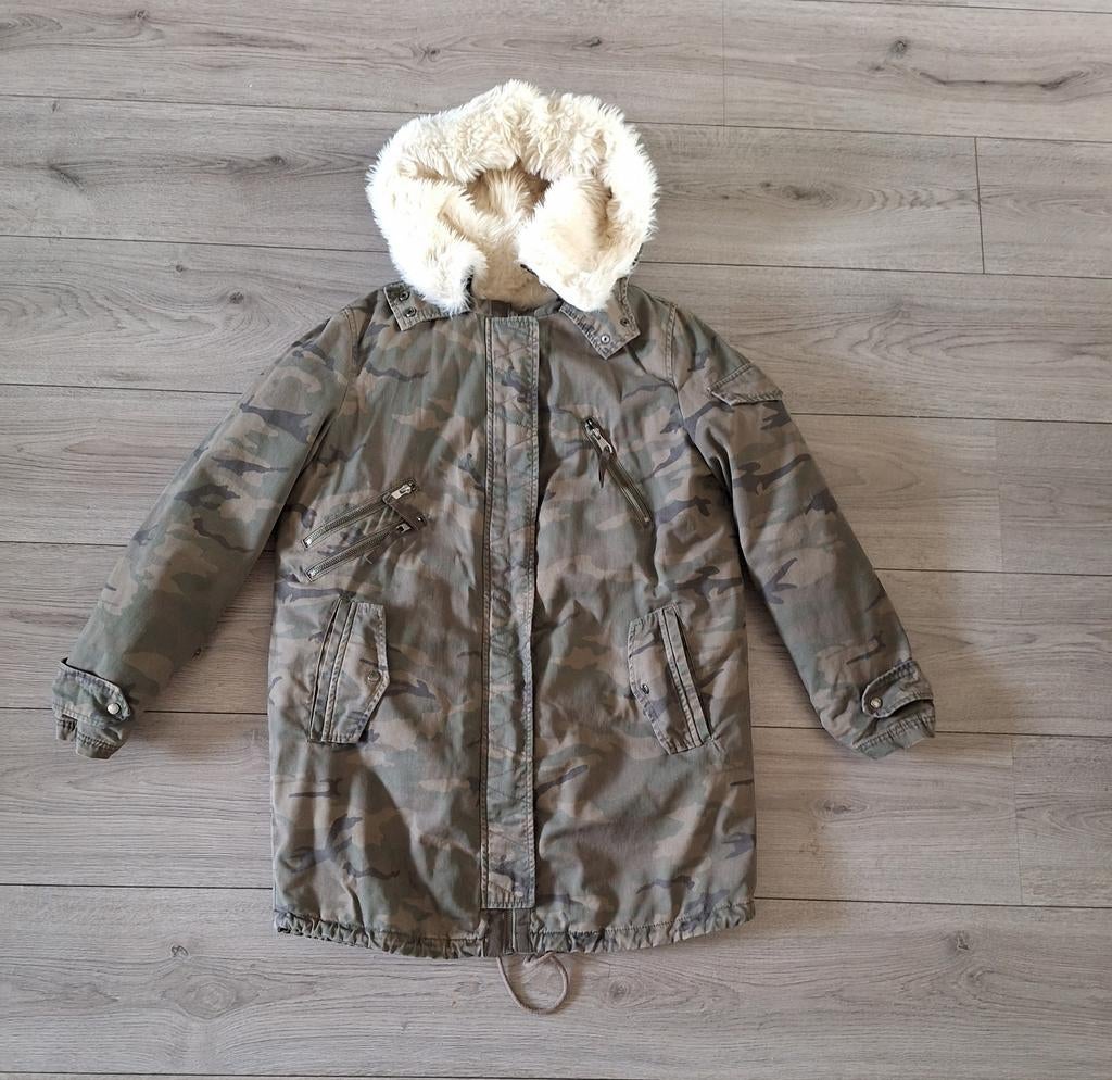 Zara parka jas camouflage S 36 teddy, Kleding | Dames, Jassen | Winter, Zo goed als nieuw, Maat 36 (S), Groen, Ophalen of Verzenden