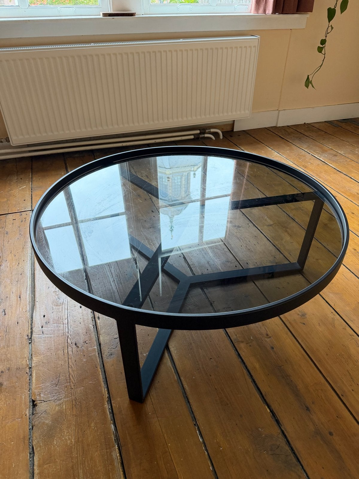 Ronde salontafel (Made) staal en glas, Ø 90 cm, Rond, 5 – 50, 50 tot 100 cm, Ophalen of Verzenden