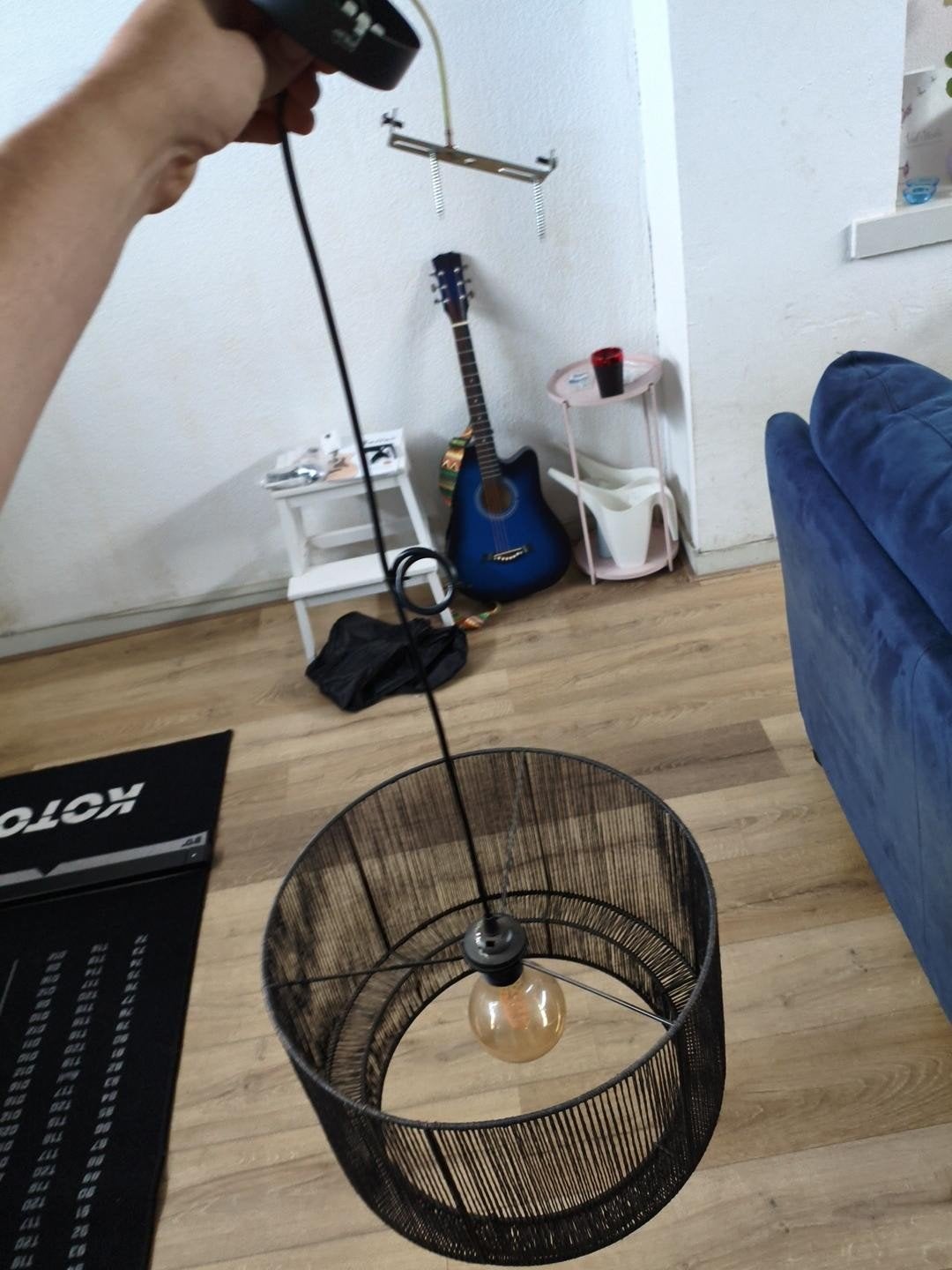 Zwarte hanglamp met stoffen kap en E27 fitting, Ophalen, Gebruikt, Metaal, E27 (groot)