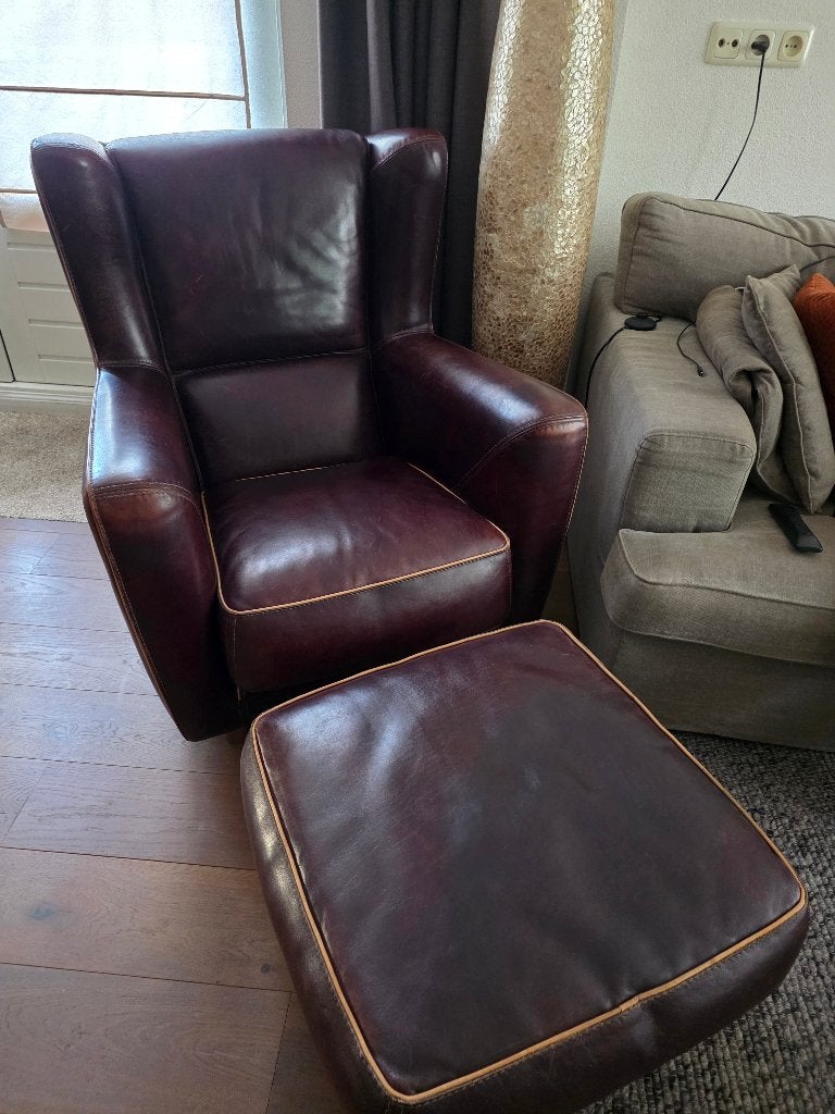 Fauteuil baxter bergère met poef, Huis en Inrichting, Ophalen, Gebruikt, 50 tot 75 cm, Leer
