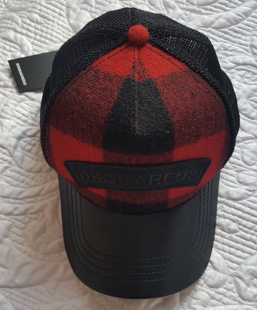 Dsquared2 Baseball Cap Zwart/Rood geblokt met leren klep, Ophalen, Nieuw, One size fits all, Pet