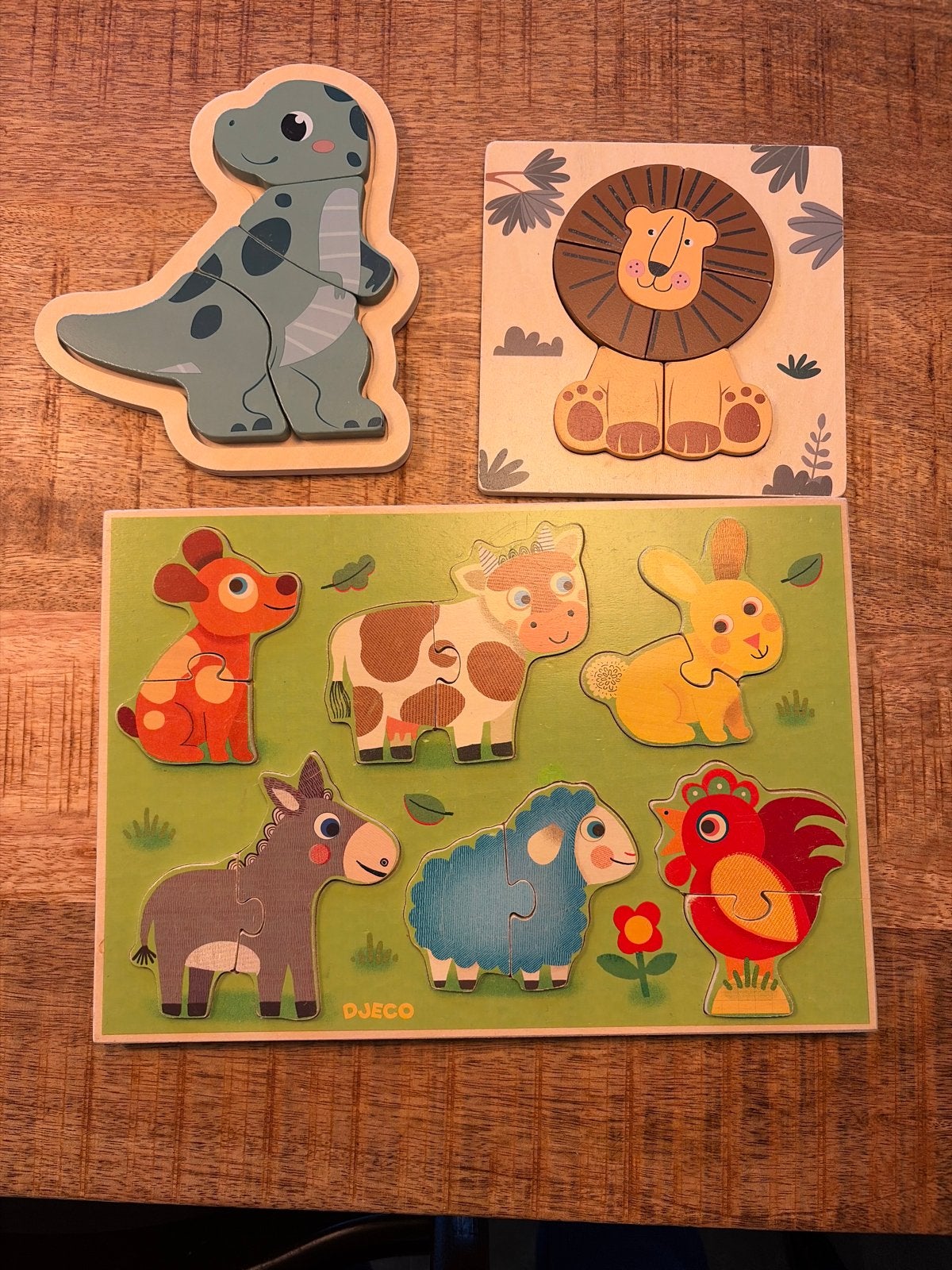 Houten Dieren Puzzels - Dino, Leeuw & Boerderijdieren, 2 tot 4 jaar, Ophalen of Verzenden, Zo goed als nieuw, Van hout