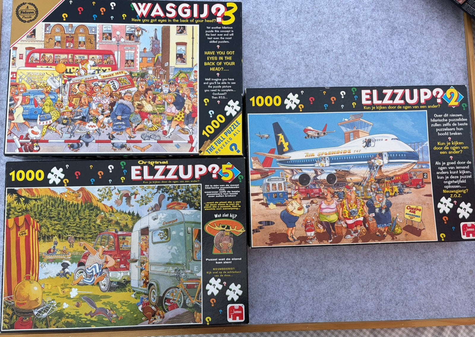Wasgij (3) en Elzzup (2 en 5) puzzels 1000 st, Ophalen of Verzenden, 500 t/m 1500 stukjes, Gebruikt