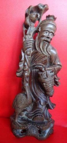 HOUT KARAKTERBEELD CHINA * MAN MET VOGEL *, Verzenden, 20 - 50 cm, Beeld, Hout