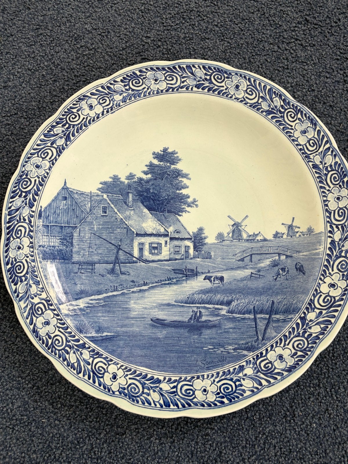 Delfts Blauw Wandbord J. Sonneville - Hollands Landschap, Ophalen