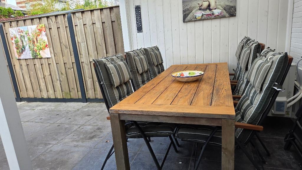 Teakhouten tuintafel  met stoelen, Tuin en Terras, Ophalen, Gebruikt, 6 zitplaatsen, Teakhout