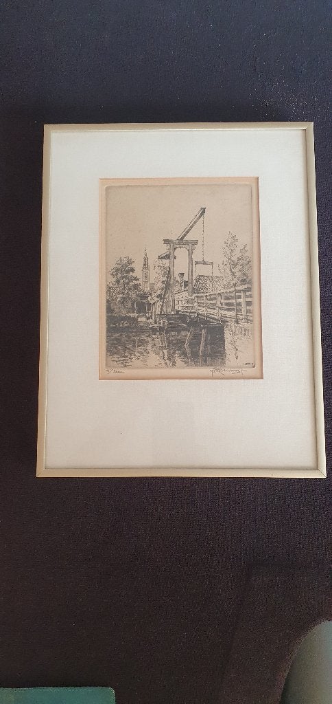 Ets van historische kwakelbrug in Edam door Roodenburg, Antiek en Kunst, Ingelijst, 31 cm, Dagelijks leven, Ets