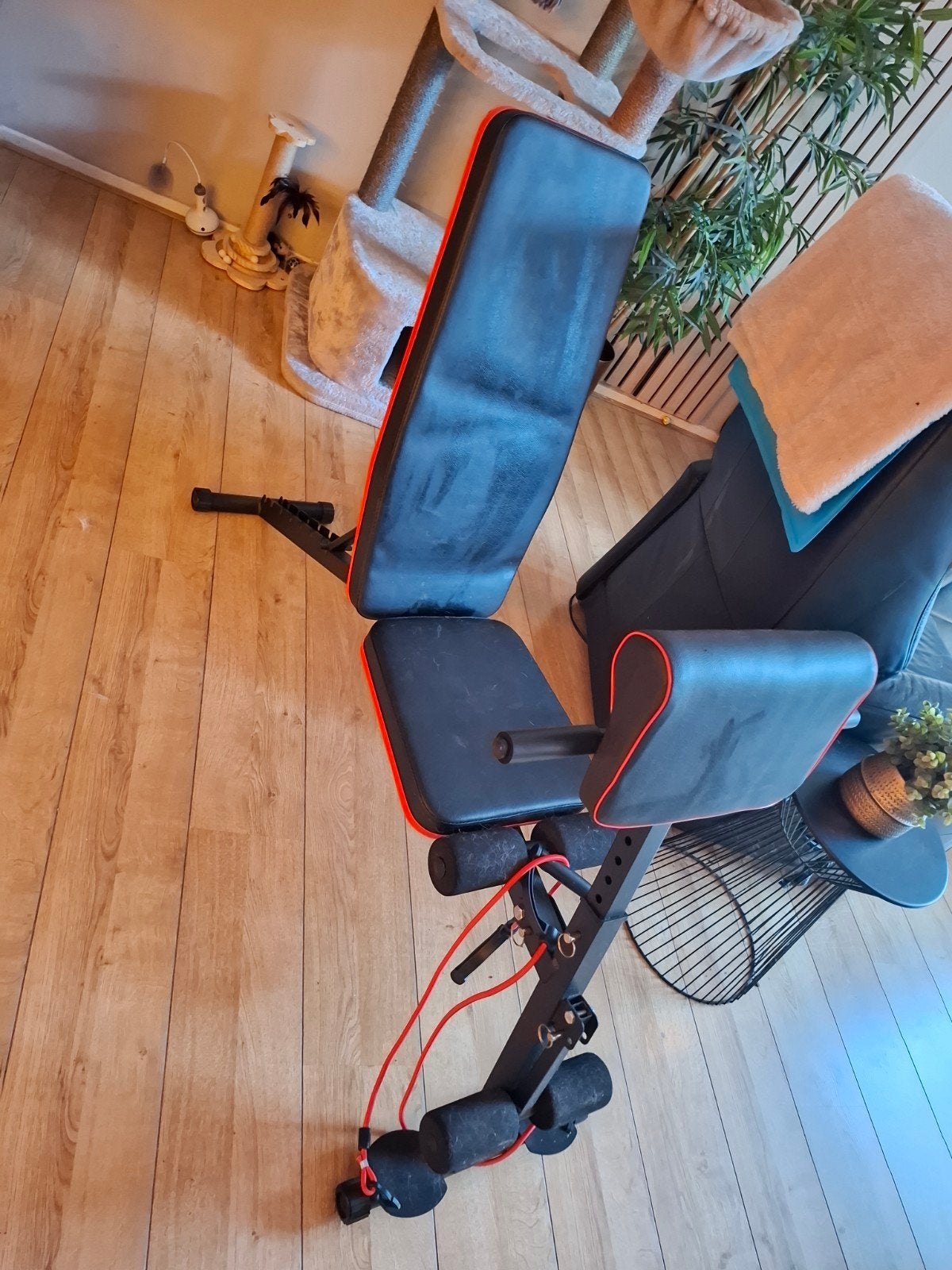 Verstelbare fitnessbank met elastieken en curlstation, Ophalen, Gebruikt, Krachtstation, Benen