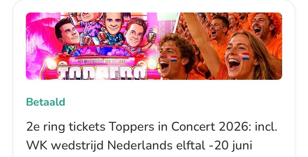 Tickets Toppers in concert 20 juni + wedstrijd Nederland, Twee personen, Juni