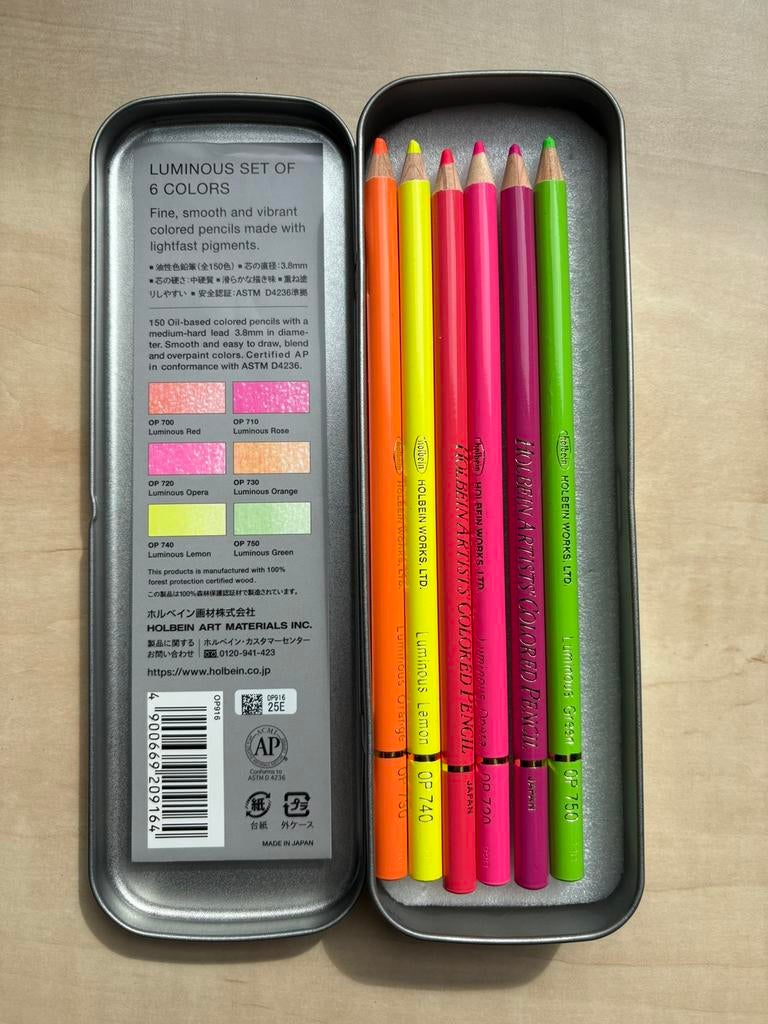 Holbein Luminous 6 kleurpotloden in neonkleuren, Hobby en Vrije tijd, Tekenen, Ophalen of Verzenden, Zo goed als nieuw, Potlood of Stift