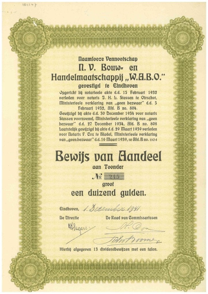 Bouw- en Handelmij. WABO te Eindhoven 1941, Ophalen of Verzenden, 1920 tot 1950, Aandeel