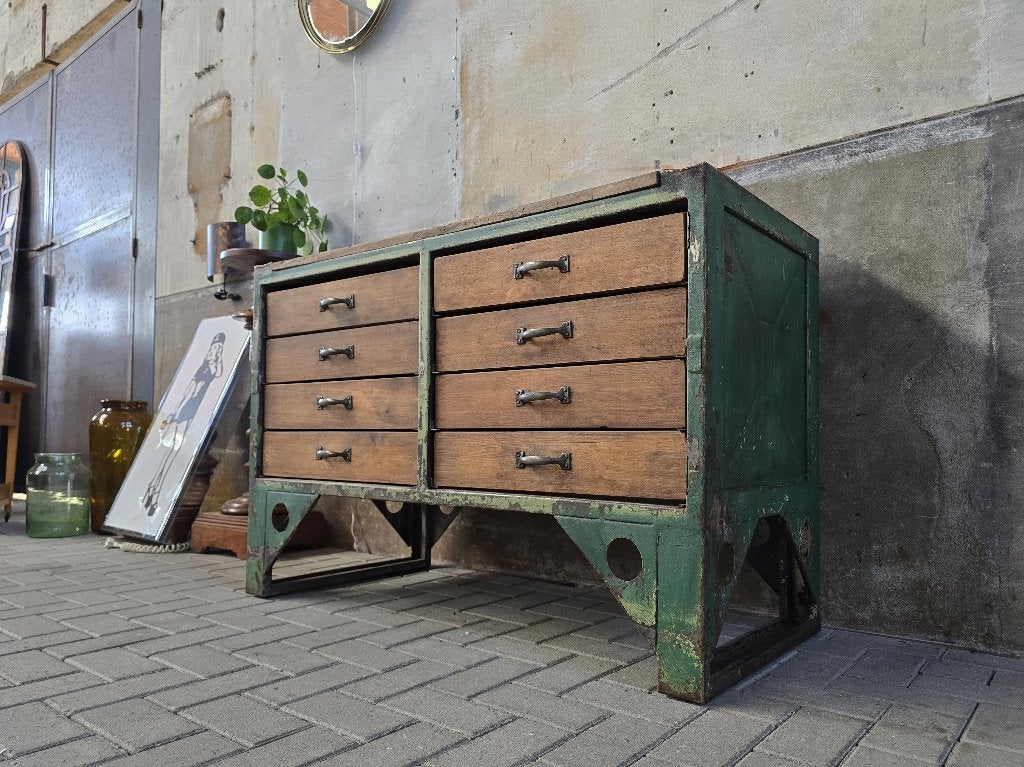 Vintage Stalen Dressoir | Grote Laden Kast Groen Ladekast, Huis en Inrichting, Grenenhout, Gebruikt, 150 tot 200 cm, Ophalen of Verzenden
