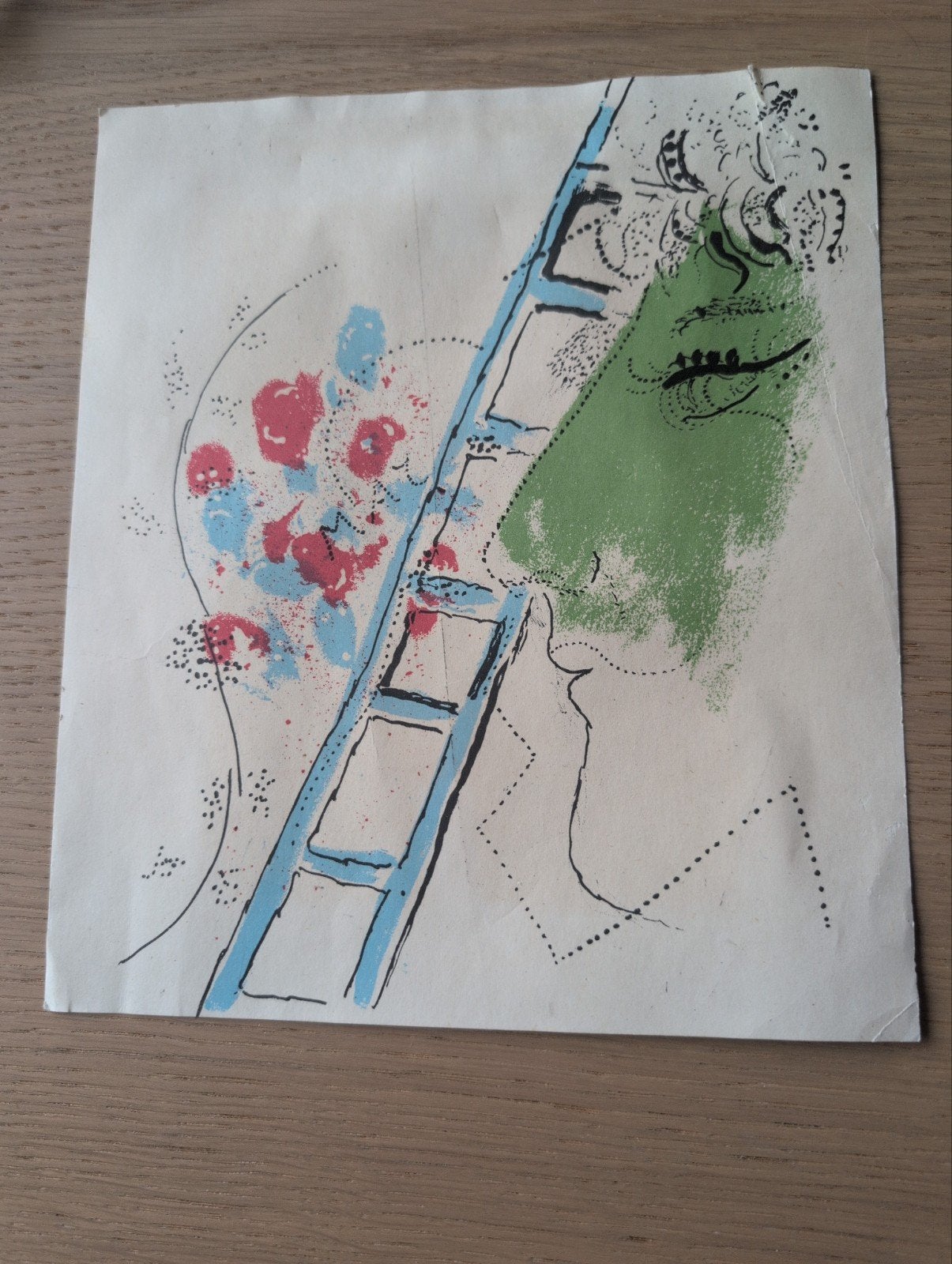 Abstracte print met gezicht en ladder, 23x20 cm, Dagelijks leven, 1950 - 1999, Ophalen of Verzenden, Origineel