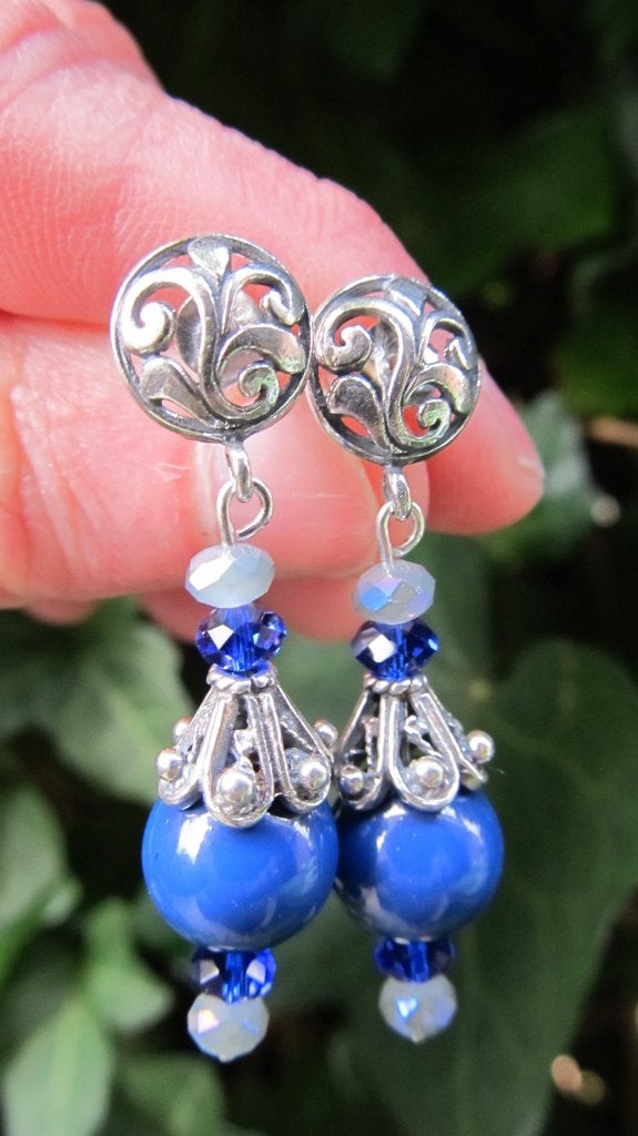 Oorbellen Eva swarowski parel-kristalglas facet  zilver, Blauw, Nieuw, Knopjes of Stekers, Zilver