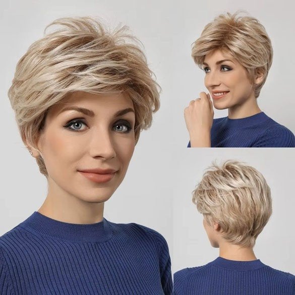 Pruik kort haar blondmix in laagjes model Nikkie, Verzenden, Nieuw, Pruik of Haarverlenging