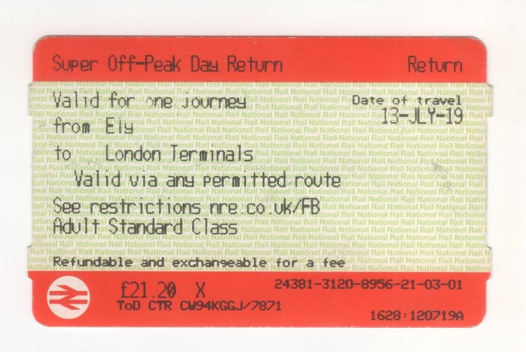 treinkaartje Ely-Londen 2019 (TK 42), Ophalen of Verzenden, Gebruikt, Trein, Overige typen
