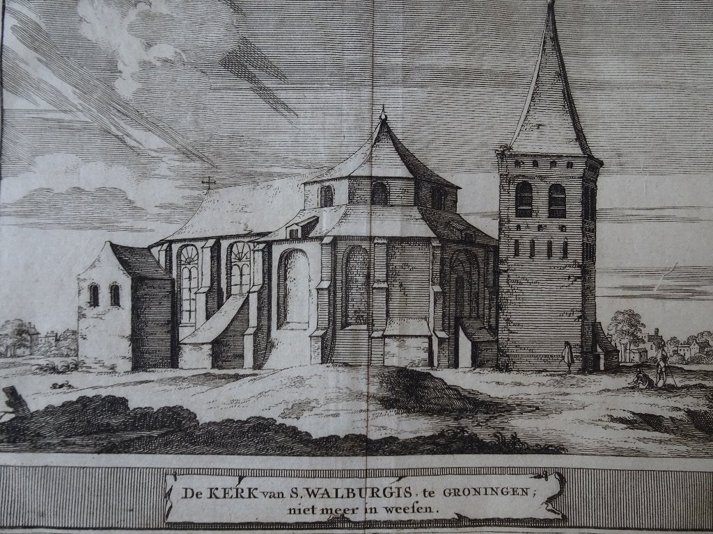 gravure vml. Sint Walburgskerk Groningen, J. Schijnvoet 1711, Architectuur, Ophalen of Verzenden, Gravure, Origineel