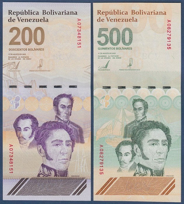 Venezuela 2023/2025, 200 en 500 miljoen bolivares (UNC), Verzenden, Zuid-Amerika, Setje