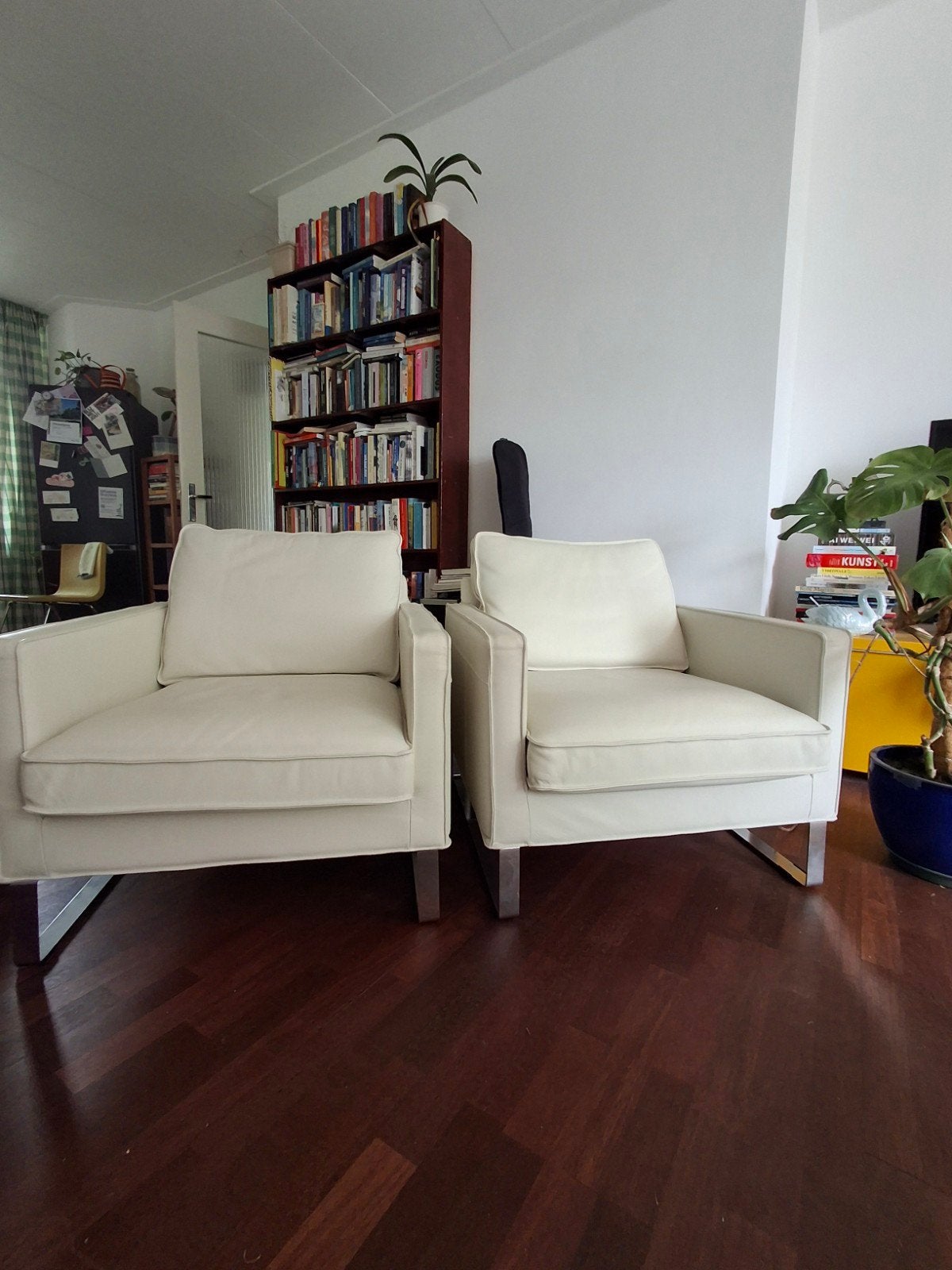 2 Witte Leren Fauteuils, Ophalen, Eenpersoons, Zo goed als nieuw, Minder dan 150 cm
