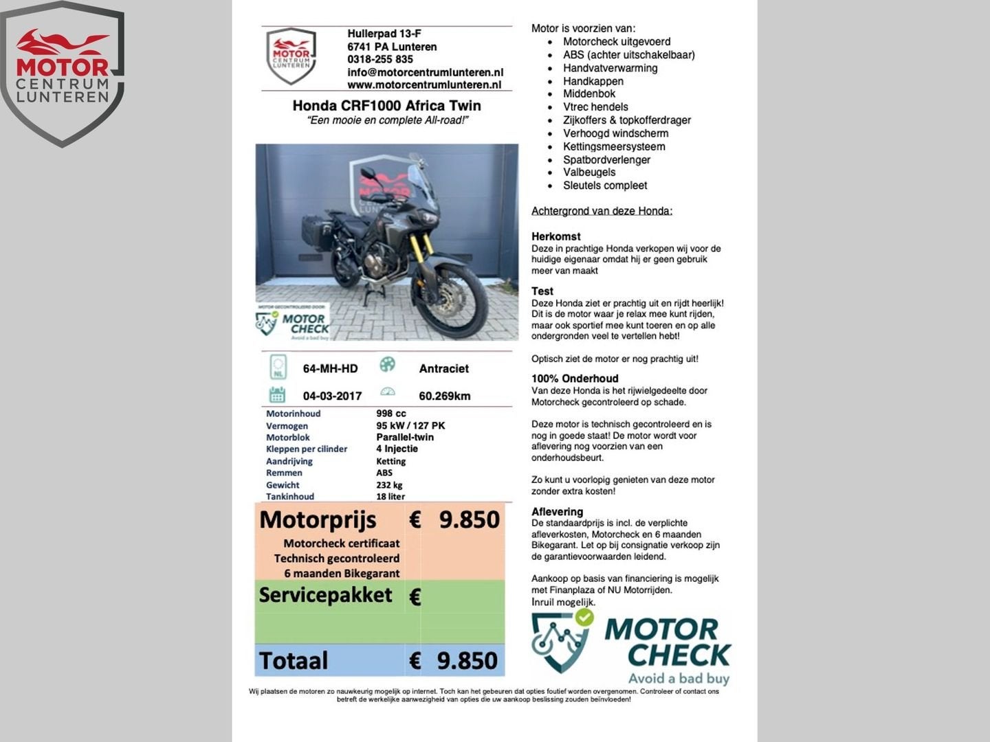 HONDA CRF 1000 L AFRICA TWIN Compleet!, Motoren, 2 cilinders, HONDA, Motorrijbewijs A, Bedrijf